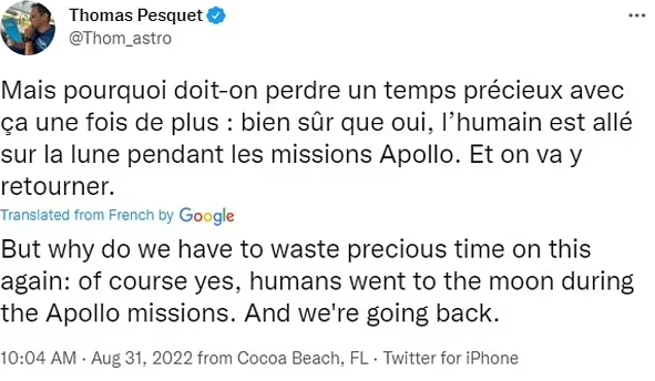 Thomas Pequet's tweet on artemis 1 rocket launch