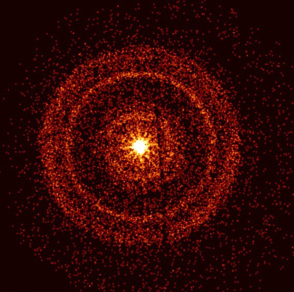 Concentric reddish rings of varying width surround a bright yellow star-like source in this X-ray image of GRB 221009A from NASA's Swift. Swift’s X-Ray Telescope captured the afterglow of GRB 221009A about an hour after it was first detected. The bright rings form as a result of X-rays scattered from otherwise unobservable dust layers within our galaxy that lie in the direction of the burst. Credits: Credit: NASA/Swift/A. Beardmore (University of Leicester)