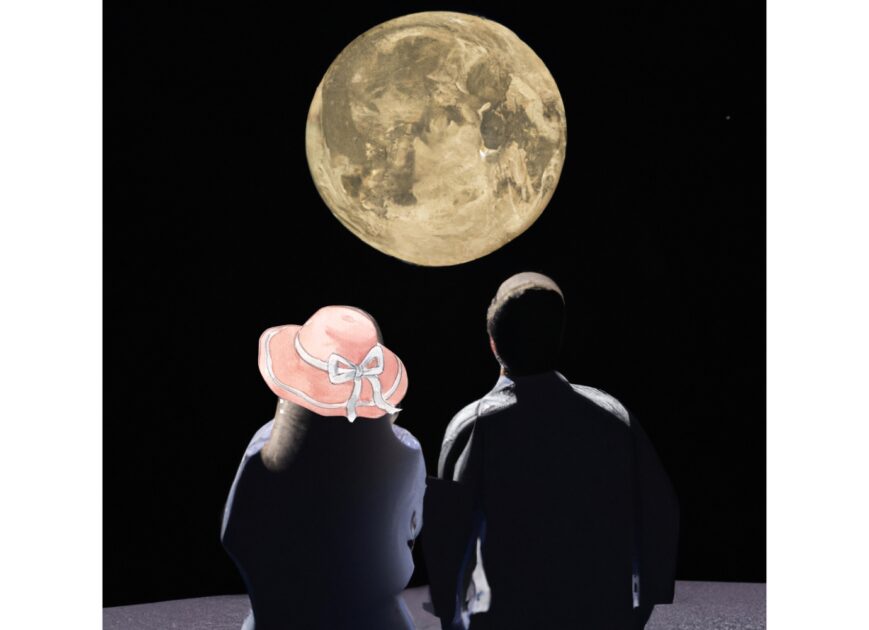 Couple looking at a close moon from earth